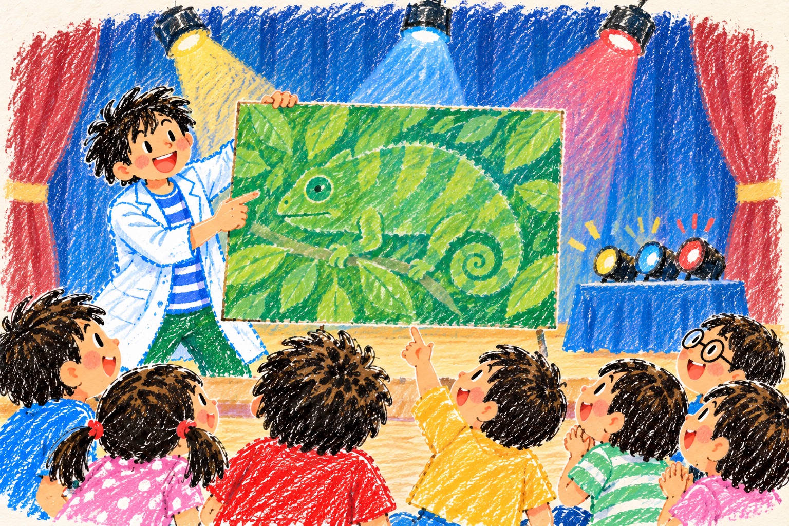 色と光で見え方が変わるカメレオンのイメージイラスト