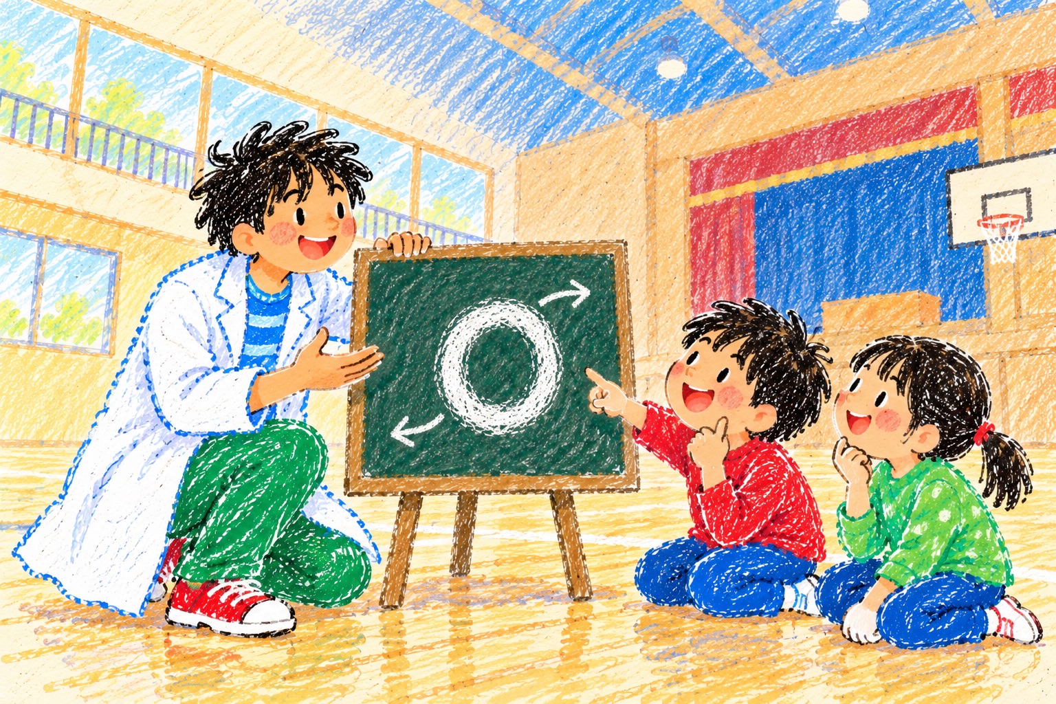 演者と子どもたちが図を見ながら空気の動きを考えるイメージイラスト