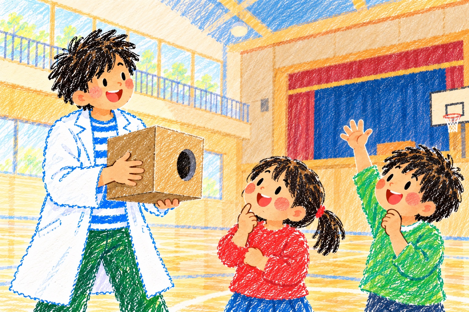実験の前に、演者の問いかけに手を挙げて予想する子どもたちのイメージイラスト