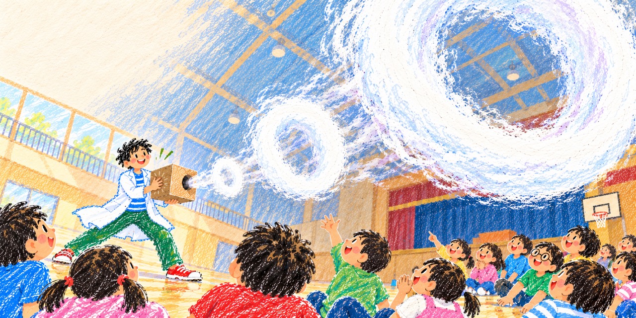 体育館で空気砲から飛び出す大きな白い輪と、驚きながら見上げる子どもたちの手描き風イラスト